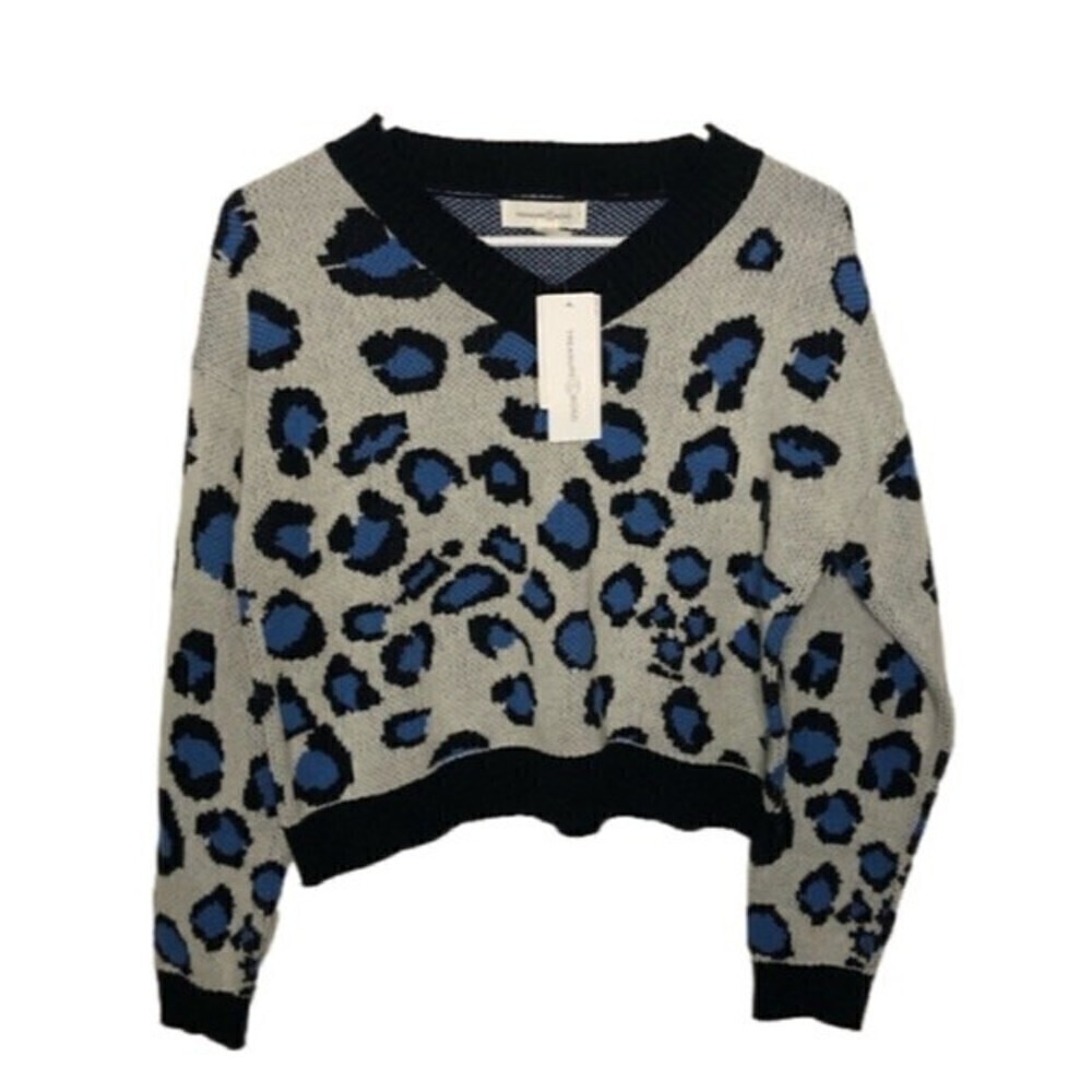 TREASURE & BOND kids' v-neck crop sweater in ivory dove pop leopard size XL